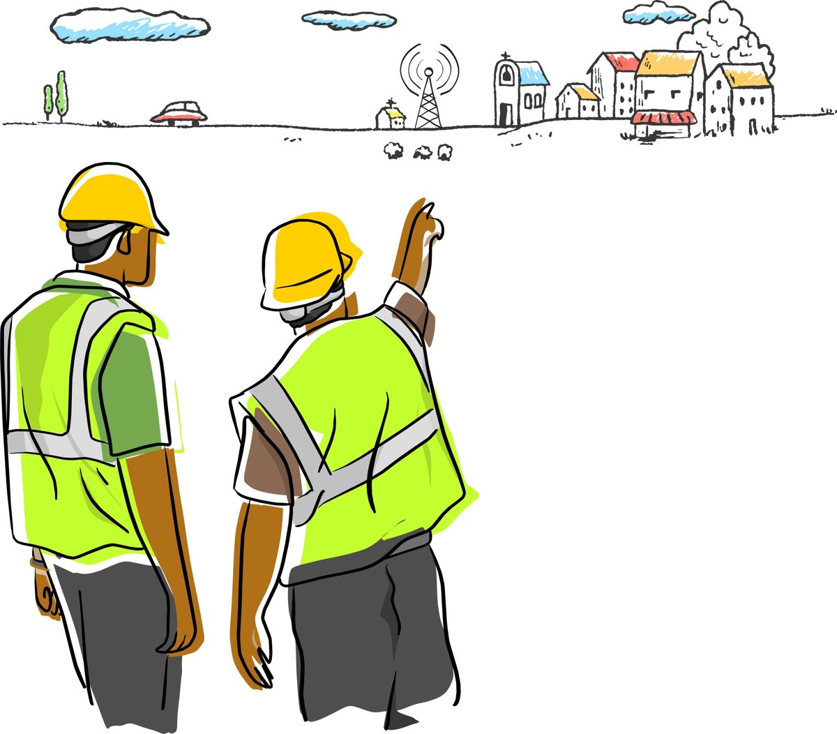 Two Faiba technicians in hard hats look across to a town with a mast